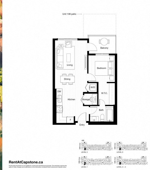 A floor plan for a unit at 108 patio is displayed with labeled rooms.
